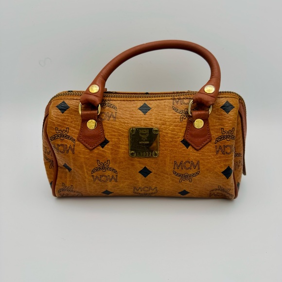 MCM Tan Leather Small Boston Bag in Visetos - Picture 6 of 12